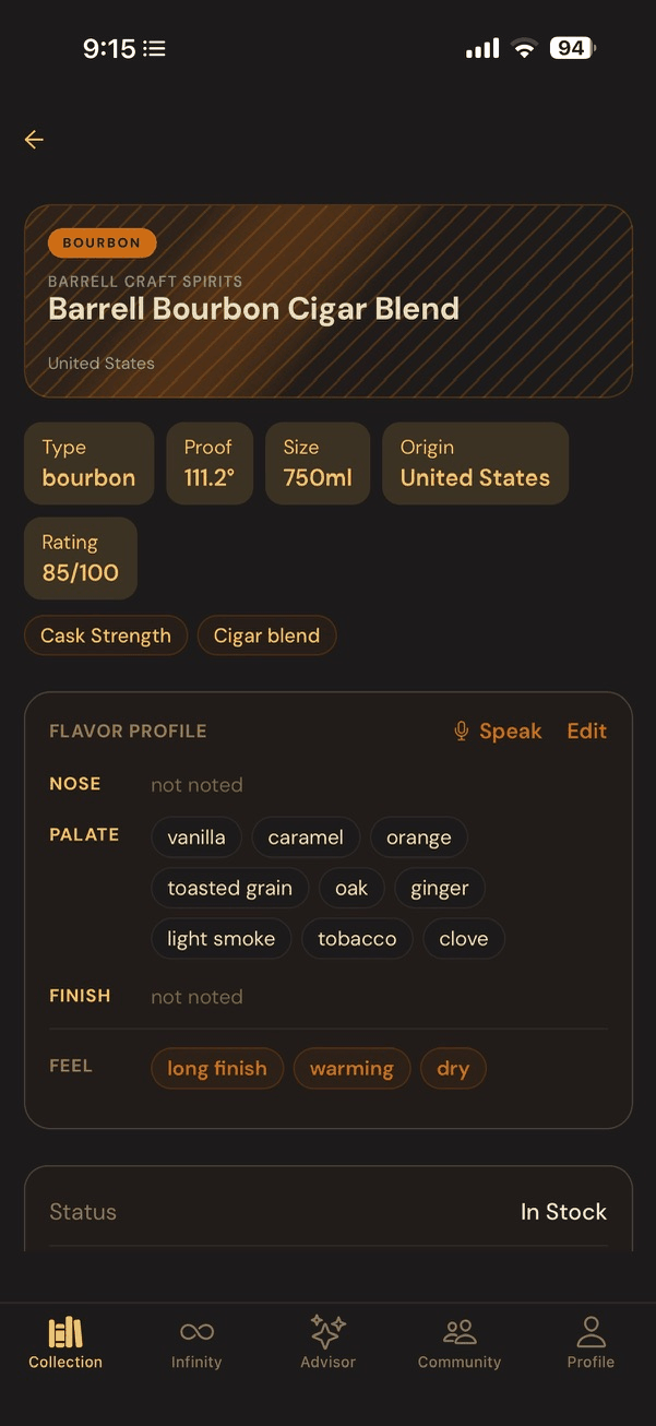 Voice tasting notes, spoken and sorted into nose, palate, and finish